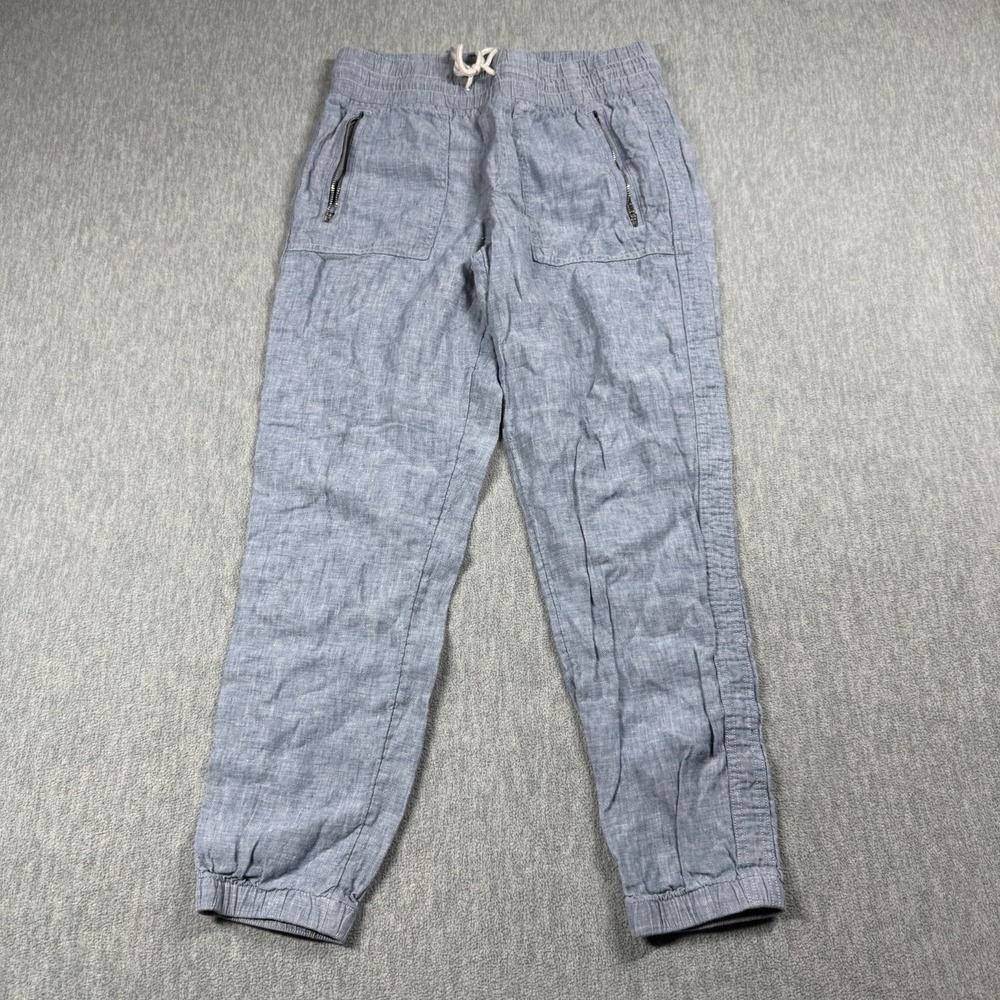 Athleta Jogger Pants Womens 4 Blue Cabo 100% Linen Drawstring Elastic Waist